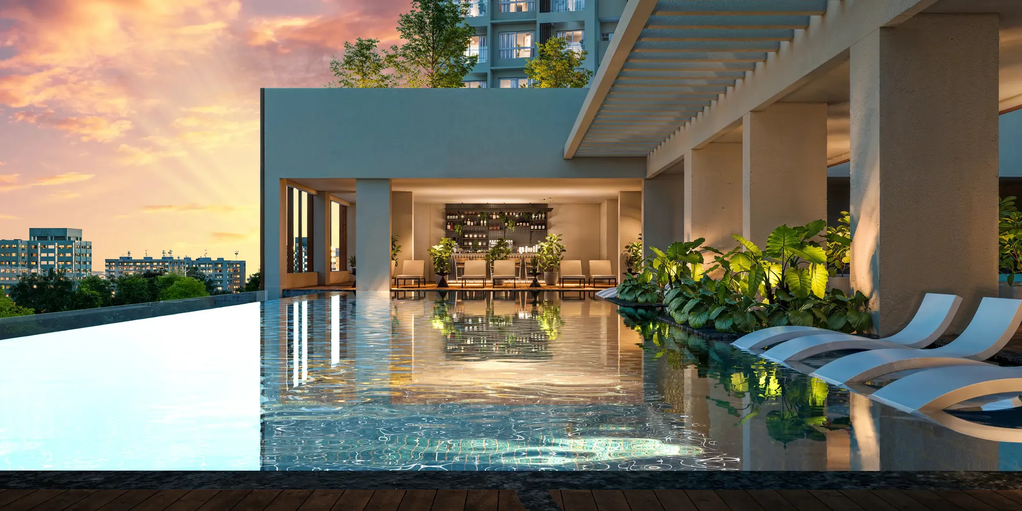 Pool deck with juice bar at Godrej Elaris