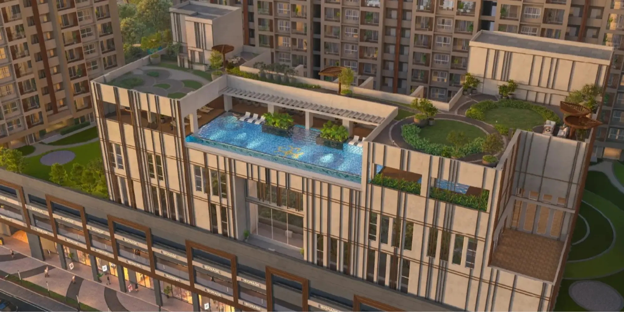 Clubhouse swimming pool and podium gardens at Godrej Elaris