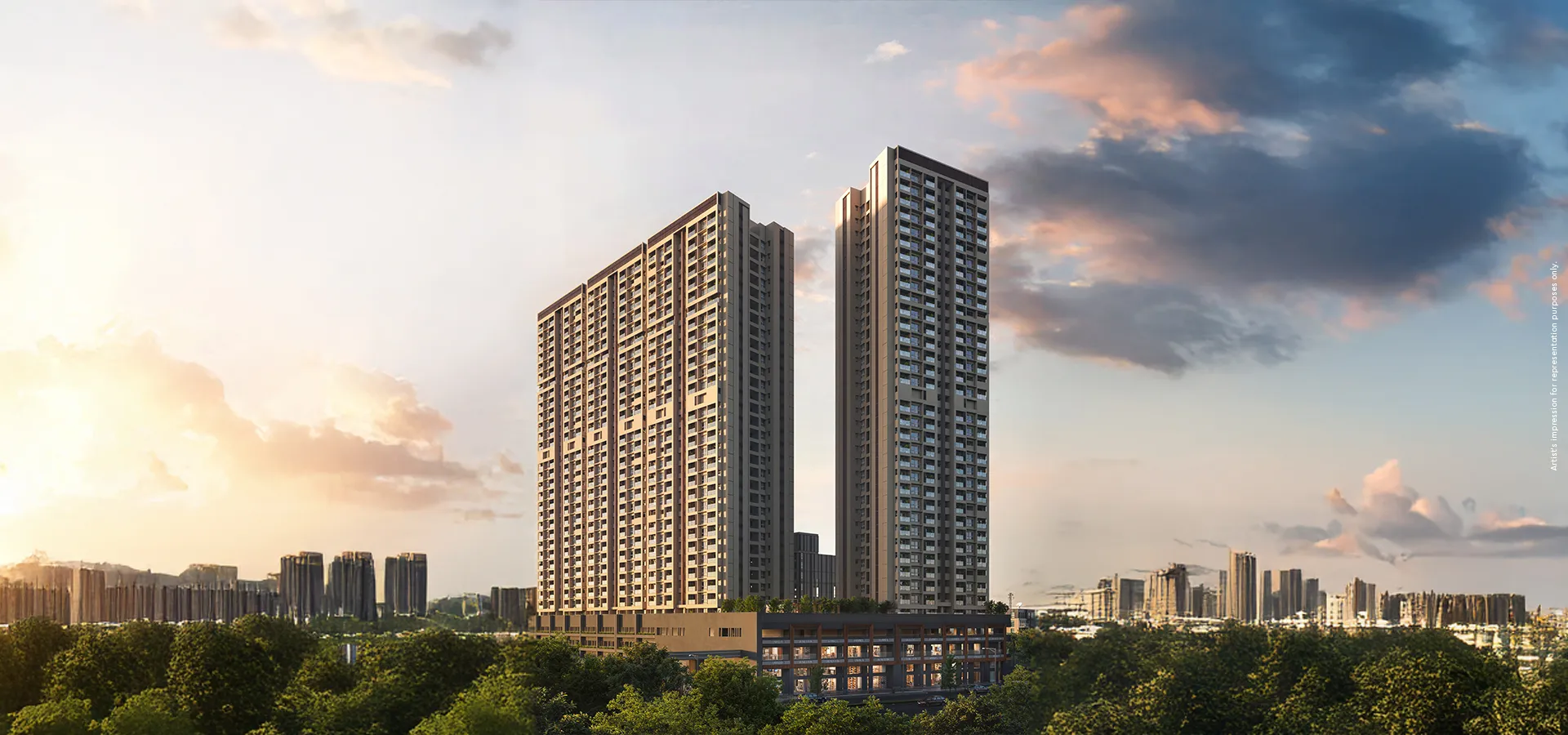 Godrej Elaris towers at sunset